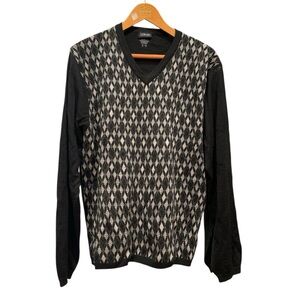 Horst Düsseldorf Men’s L Indigo black Merino Wool V-Neck Argyle Sweater